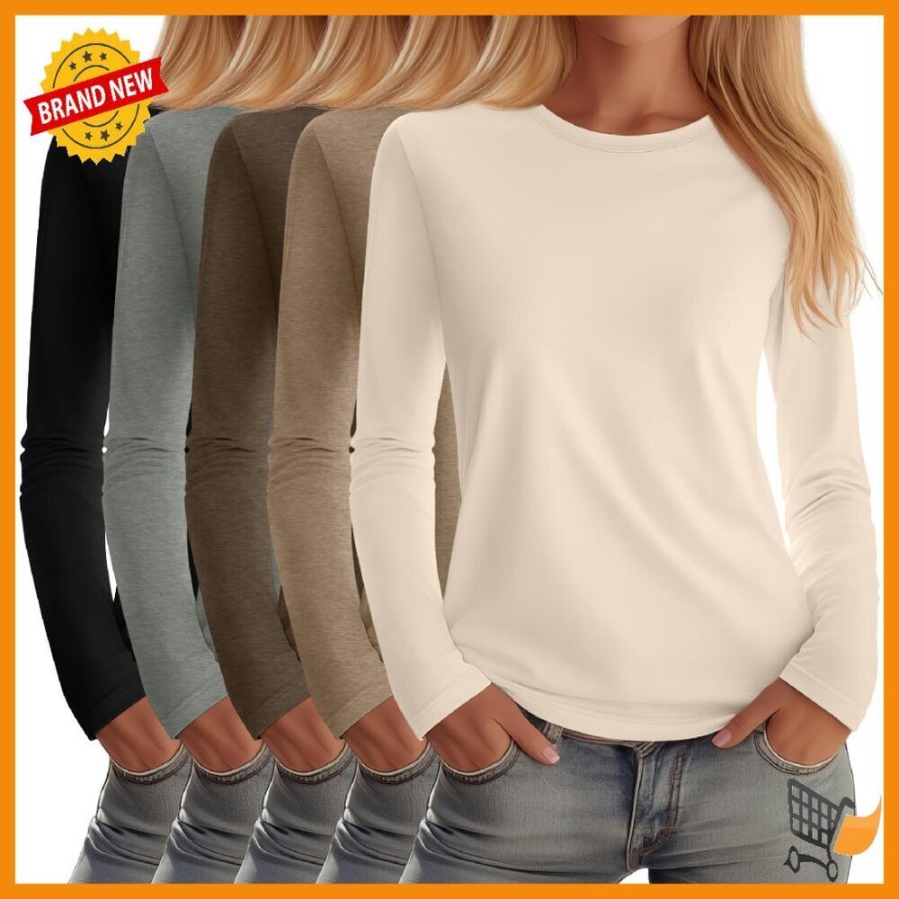 5 Pack Long Sleeve Crew Neck Shirts, Cotton Blend Basic Tees Multipack